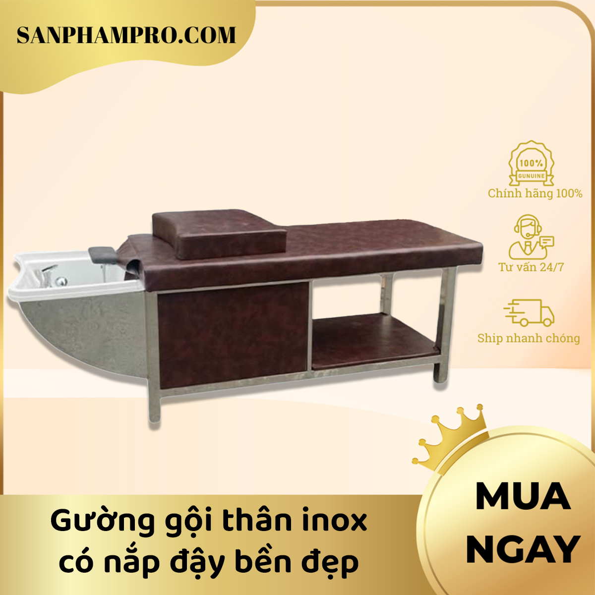 Gường gội thân inox có nắp đạy bền đẹp